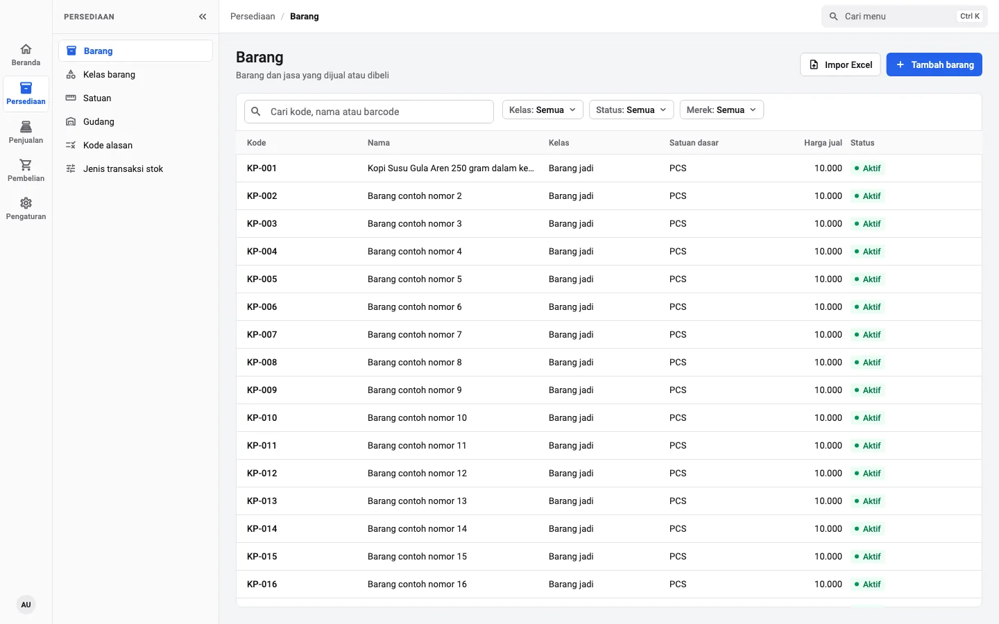 Daftar barang di ERP desktop dengan filter dan harga jual