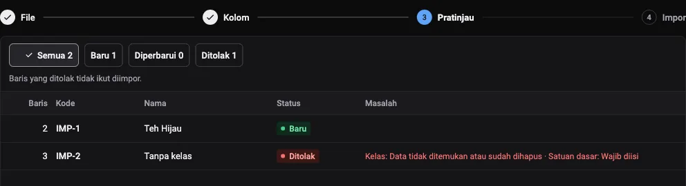 Langkah pratinjau impor barang: baris baru dan baris yang ditolak beserta alasannya