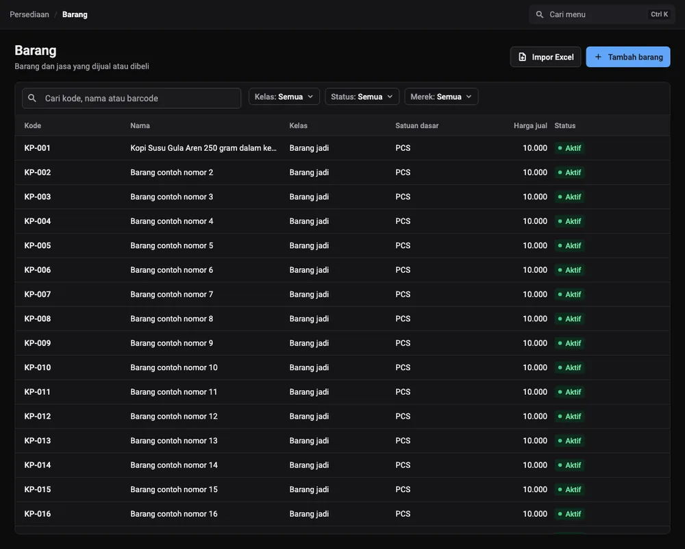 Daftar barang mode gelap dengan kode, nama, kelas, satuan, harga jual, dan status